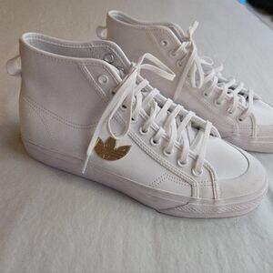 Adidas Originals Nizza Trefoil White and Gold High-Top Casual Sneakers 10.5/11